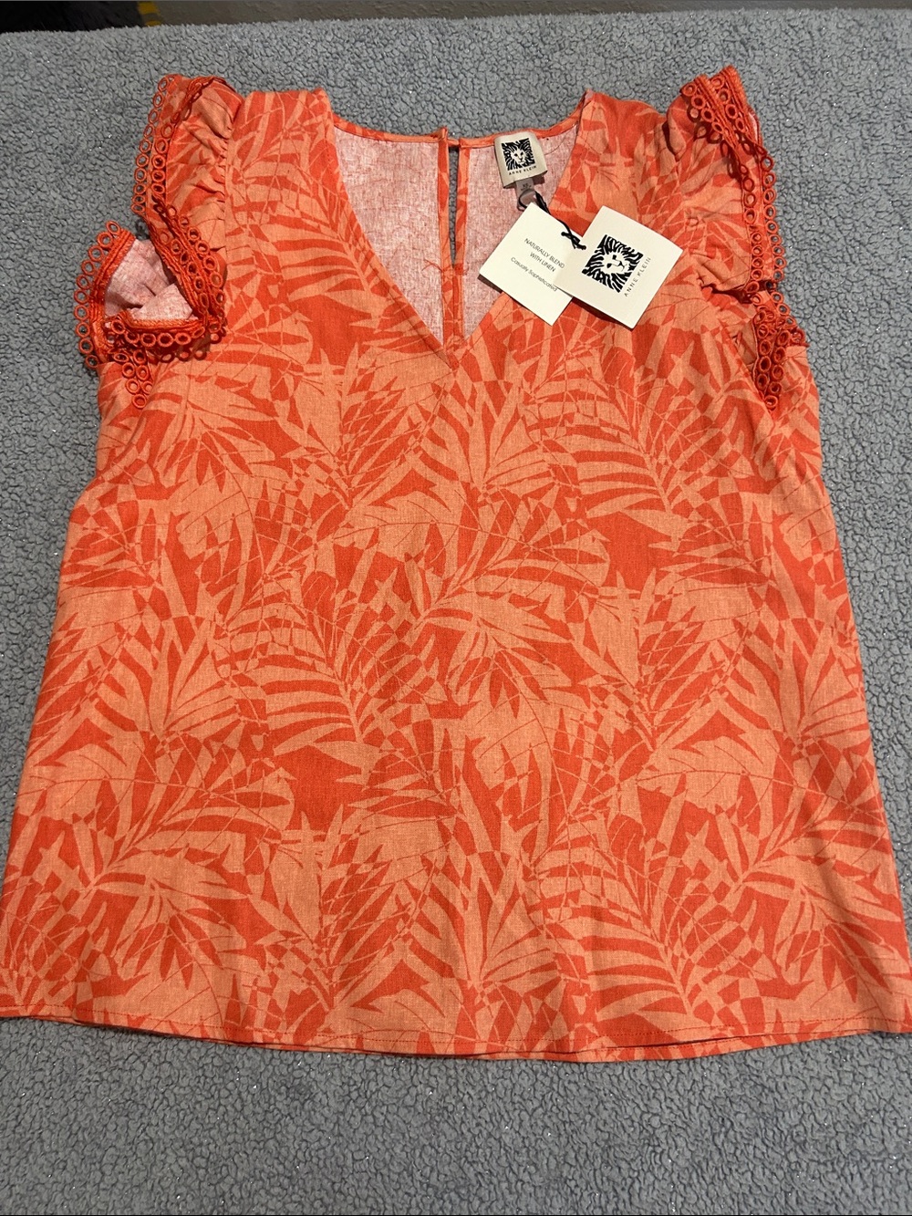 Anne Klein Coral Leaf-Print Flutter Sleeve Top